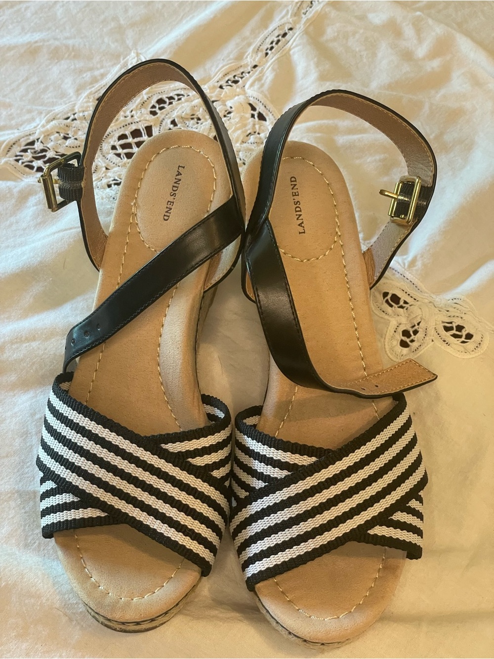 Lands' End Black and White Striped Wedge Sandals